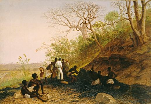“Working a coal seam near Tete, lower Zambezi”, T Baines, 1859, oil on canvas, © Royal Geographical Society, Baines 35. The figure dressed in white shirt and trousers is likely to be Richard Thornton.